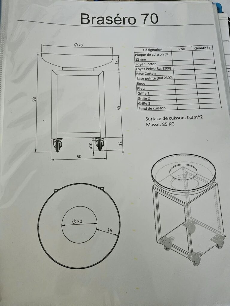 Plan technique du Braséro 70 : vue de face cotée (diamètre 70 cm, hauteur 98 cm), vue de dessus et vue en perspective