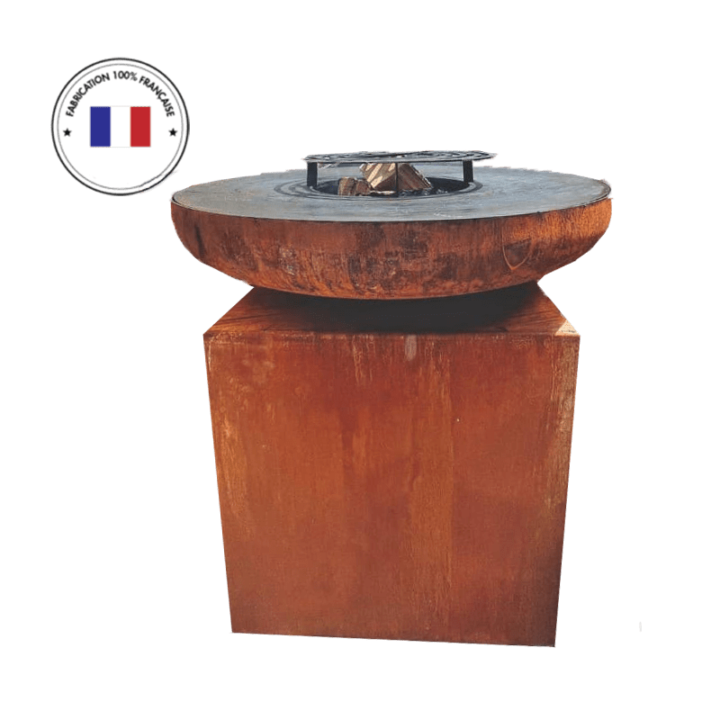 Braséro rond Atlantique en acier corten, plaque de cuisson ronde et grille au-dessus du foyer