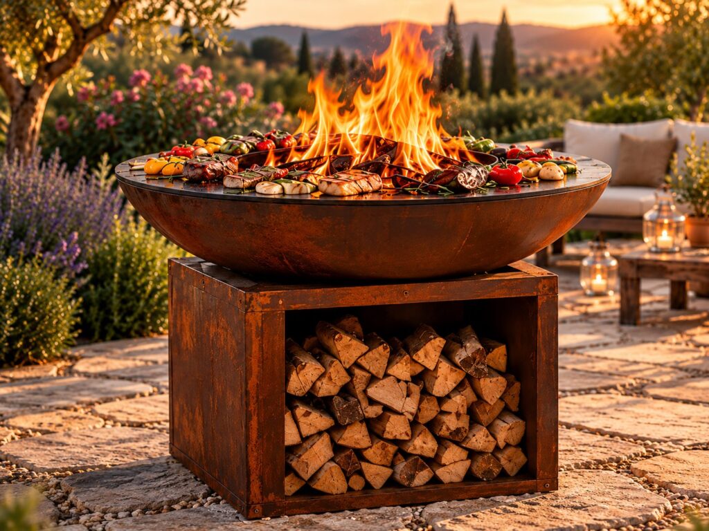 Braséro en acier, sa vasque garnie de viandes et de légumes grillés au feu de bois