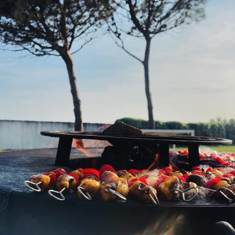 Brochettes sur la plancha, pins parasols en arrière-plan