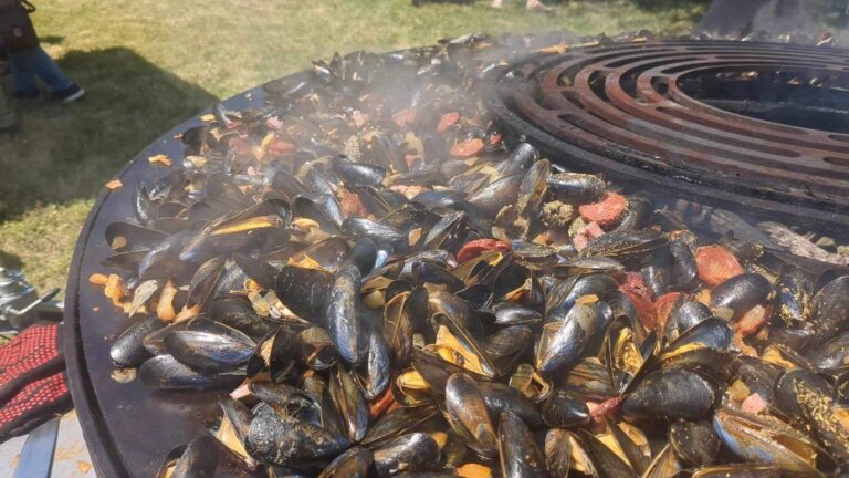 Moules rôties sur la plancha, grille en spirale en haut à droite