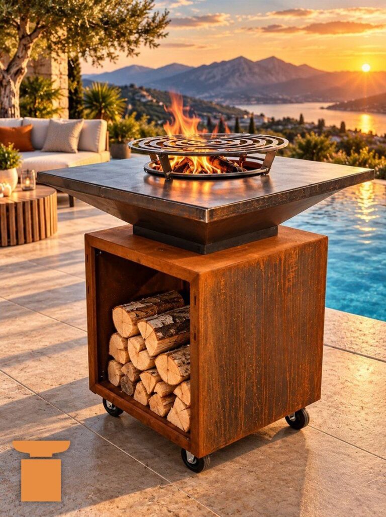 Braséro carré sur un meuble en acier corten rempli de bûches, flammes dans le foyer, au coucher du soleil au bord d'une piscine