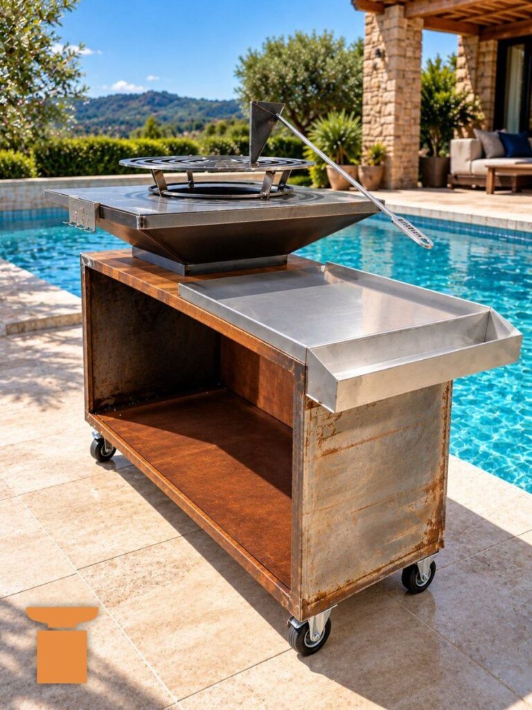 Braséro carré sur un meuble en acier corten avec un plateau en inox, au bord d'une piscine