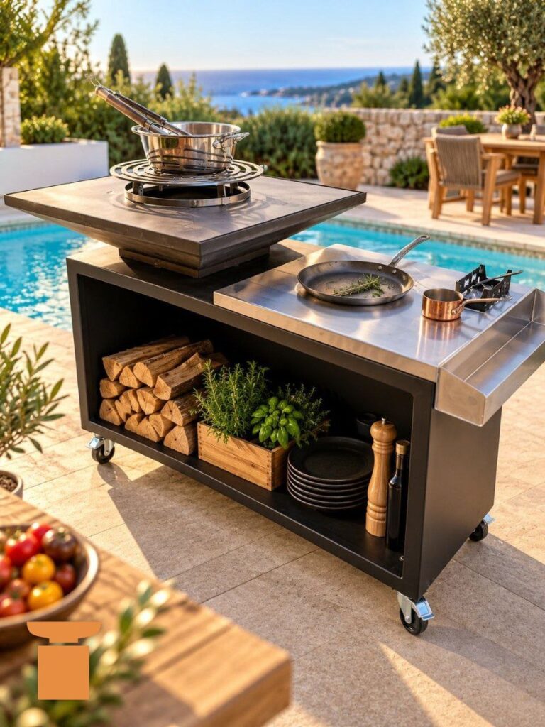 Braséro carré sur un meuble noir avec plan de travail en inox, bûches et herbes aromatiques, au bord d'une piscine