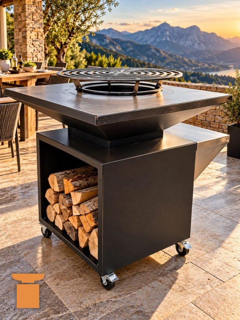 Braséro carré sur un meuble noir avec casier à bûches, sur une terrasse de pierre avec vue sur la montagne