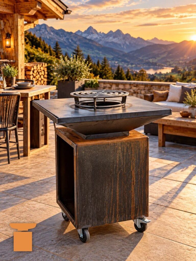 Braséro carré sur un meuble en acier brut, sur une terrasse de pierre avec vue sur les montagnes au coucher du soleil