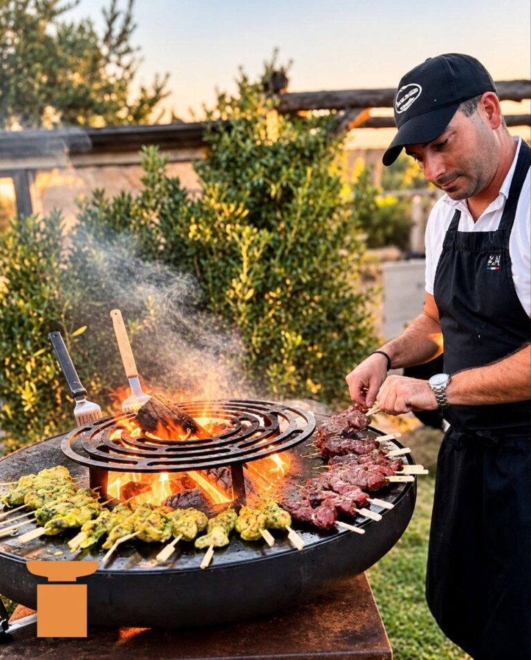 Cuisinier piquant des brochettes de viande autour du foyer d'un braséro rond, dans un jardin