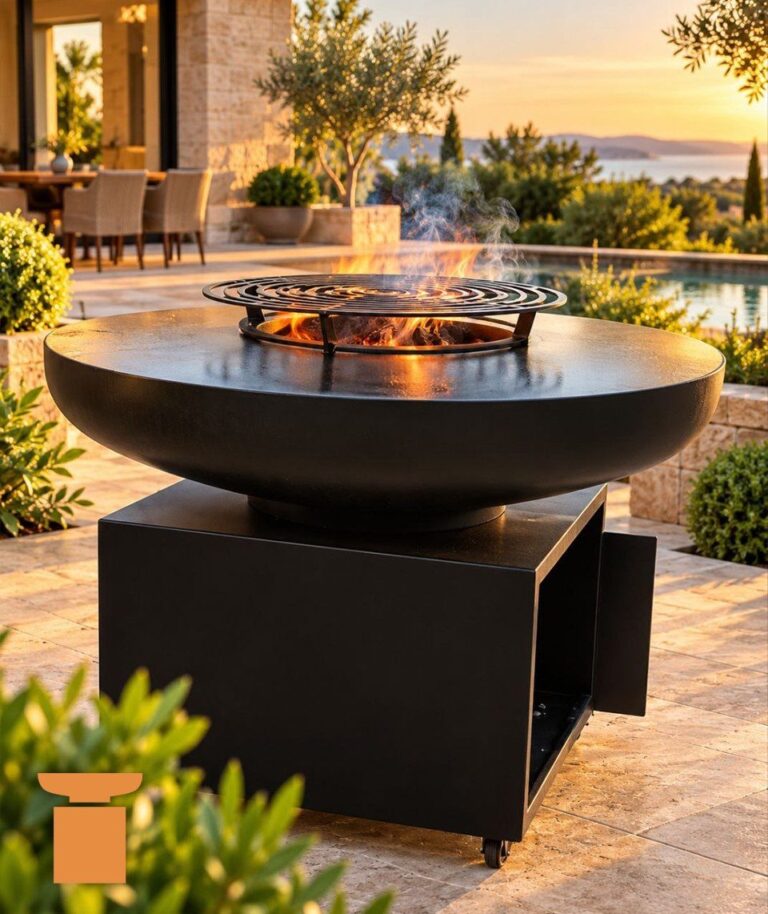 Braséro rond noir sur un caisson noir, flammes dans le foyer, sur une terrasse au bord d'une piscine