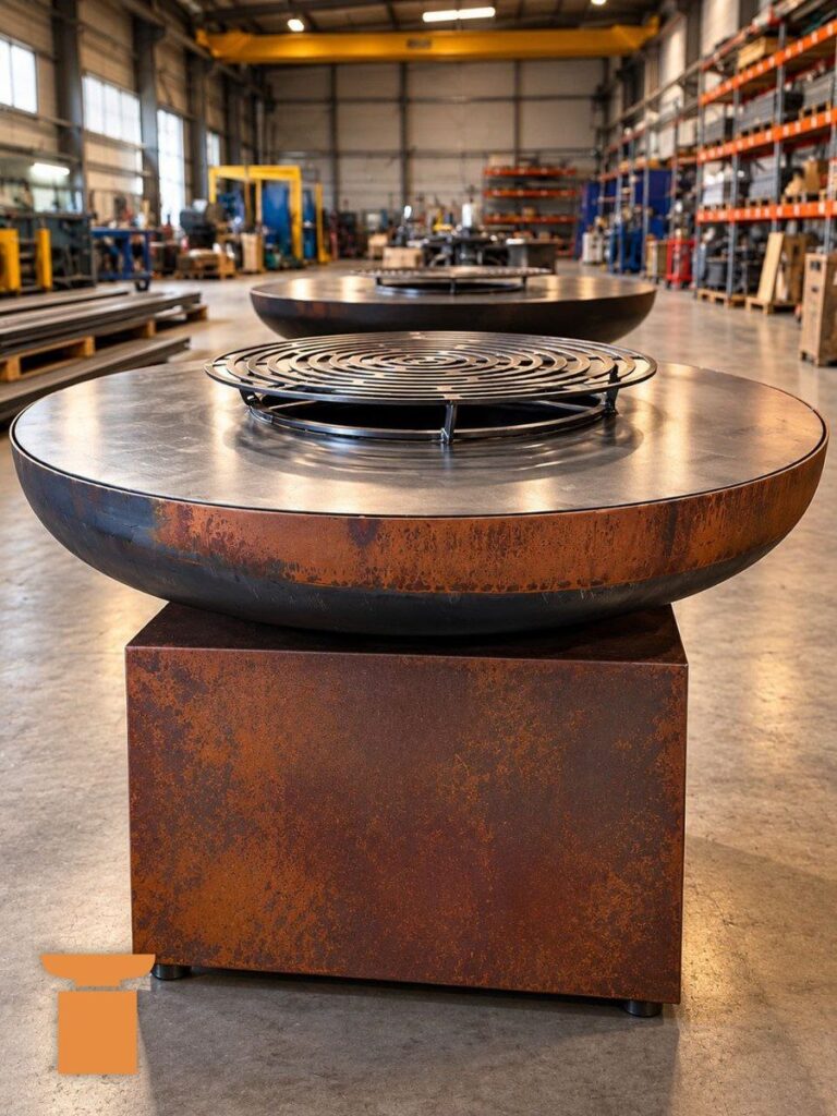 Deux braséros ronds, dont un sur caisson en acier corten, dans un grand atelier industriel
