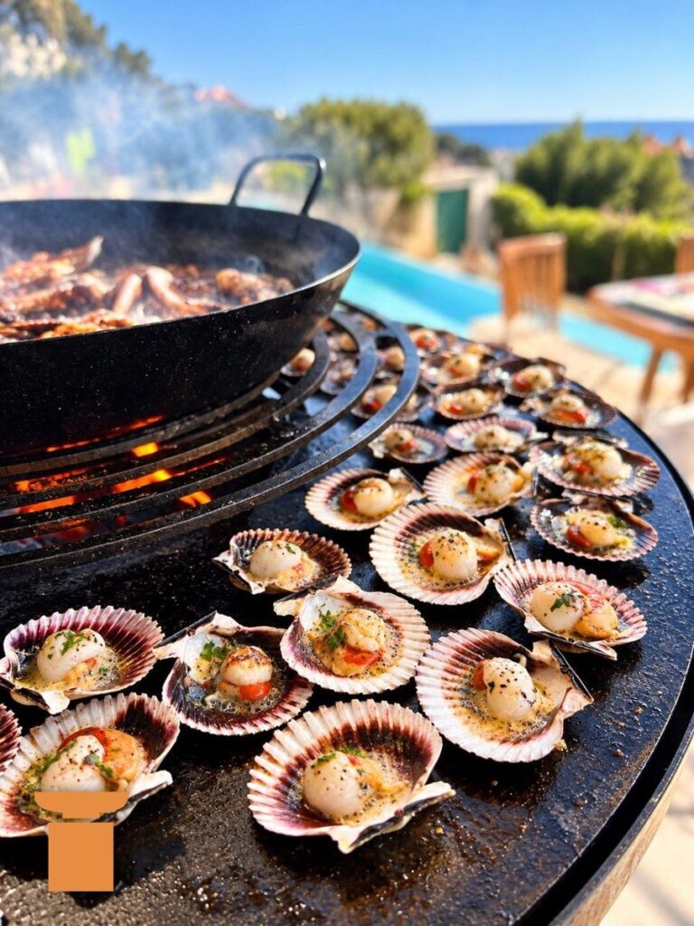 Coquilles Saint-Jacques gratinées sur la plaque d'un braséro, avec un wok et une piscine à l'arrière-plan