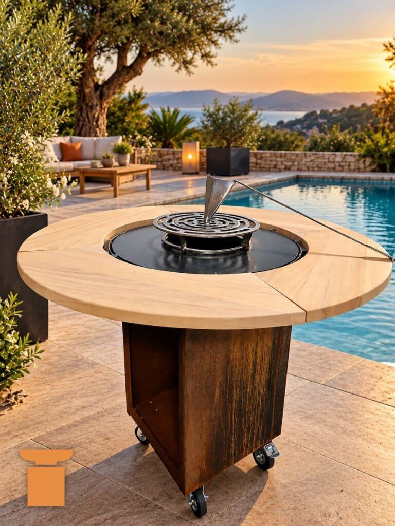 Braséro rond encastré dans une table en bois clair, sur un caisson en acier corten, au bord d'une piscine