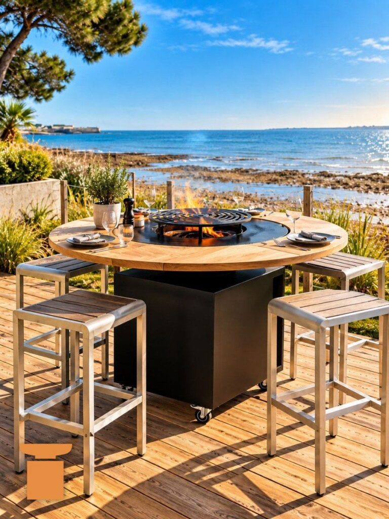 Table ronde en bois avec un braséro au centre, entourée de tabourets en inox, face à la mer