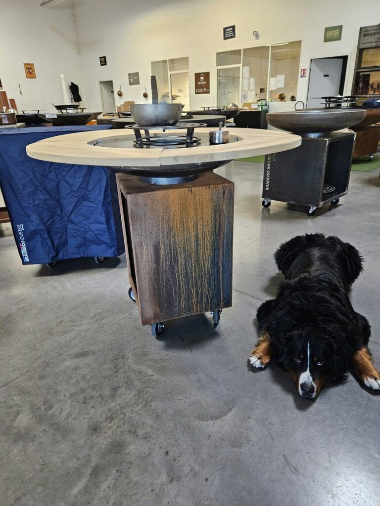 Tour en bois autour d'un braséro, meuble en corten et chien couché devant